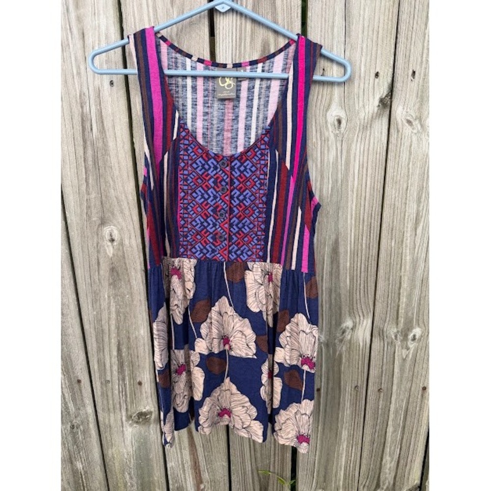 Boho One September Tank Top Womens S Blue Mixed Print Embroidered Peplum Blouse